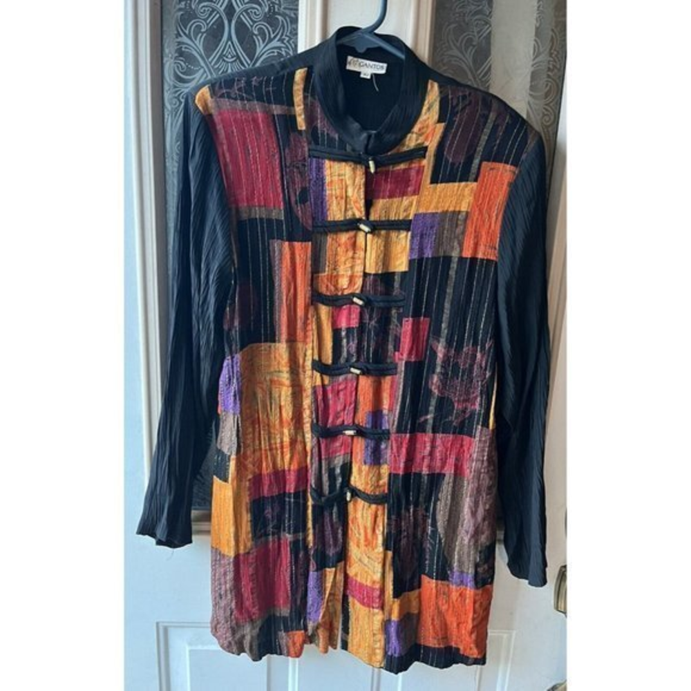 Vtg GANTOS 8 Asian Inspired Shirt Jacket Multicolor Colorblock‎ Flocking Jacket